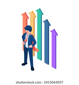 Flat 3d Isometric Businessman Standing with Increasing Graph. Business Success and Leadership Concept.