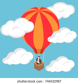 Flat 3d isometric businessman standing on hot air balloon in sky.