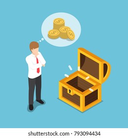Flat 3d isometric businessman standing in front of empty treasure box. Business financial concept.