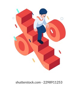 Flat 3d Isometric Businessman Step Down on Interest Rate Ladder. Interest Rate Decrease and Financial Concept.
