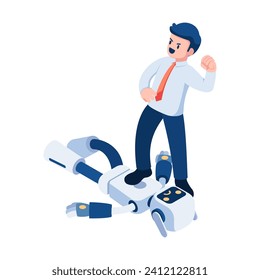 Flat 3d Isometric Businessman Step on Ai Robot. AI Artificial Intelligence and Business Competition Concept.