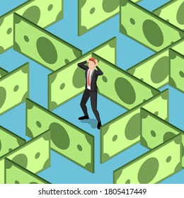 Flat 3d isometric businessman stuck in dollar banknote maze. Financial crisis concept.