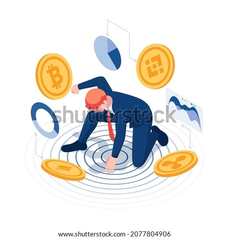 Flat 3d Isometric Businessman in Superhero Landing Poses with Bitcoin and Cryptocurrency. Cryptocurrency Investment Expert Concept.