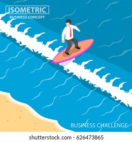 Flat 3d isometric businessman surfing on the wave, business challenge and confident concept