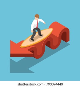 Flat 3d isometric businessman surfing with surfboard on red graph. Stock market and financial concept.