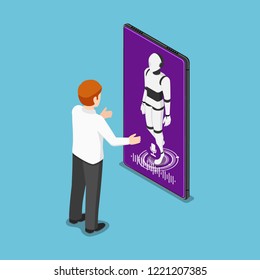 Flat 3d isometric businessman talking with ai robot in smartphone. Artificial intelligence technology and voice assistant concept.