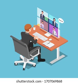 Flat 3d isometric businessman talking to his colleagues in video conference. work from home during COVID-19 or coronavirus pandemic and video conference concept.