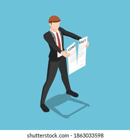 Flat 3d Isometric Businessman Tearing Apart Contract Document. Business Contract Termination Concept.