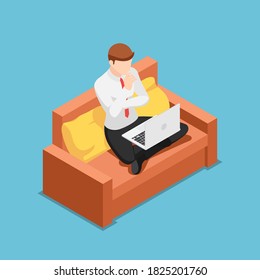 Flat 3d isometric businessman thinking while working on laptop at home. Work at home and freelance concept.