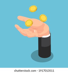 Flat 3d Isometric Businessman Throwing Up Coin On His Hand. Business and Finance Concept.