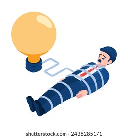 Flat 3d Isometric Businessman Tied Up with Light Bulb of Idea. Stuck for an Idea Concept.