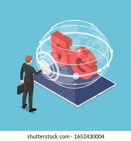 Flat 3d isometric businessman touching 5G network sign on tablet screen. 5G hi speed network wireless systems and IoT internet of thing concept.