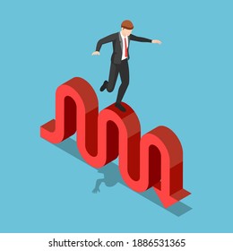 Flat 3d Isometric Businessman Try to Walk and Balancing on Stock Market Fluctuation Arrow. Financial Crisis and Investment Risk Concept.
