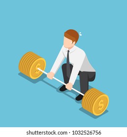 Flat 3d isometric businessman trying to lifting up barbell with coin weight. Financial strength concept.