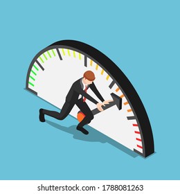 Flat 3d isometric businessman trying to push meter to the maximum position. Aspiration and business success concept.