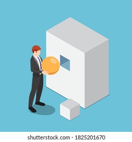 Flat 3d isometric businessman trying to put sphere shape into the square hole. Wrong decision and business management failure concept.
