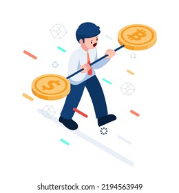 Flat 3d Isometric Businessman Trying To Balance Dollar And Bitcoin. Usd Stablecoin And Cryptocurrency Concept