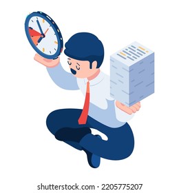 Un empresario isométrico y plano que intenta equilibrar tiempo y trabajo. Concepto de Equilibrio de Vida Laboral y Gestión del Tiempo.