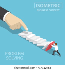 Flat 3d isometric 3d businessman trying to stop falling domino. Business crisis management and solution concept.