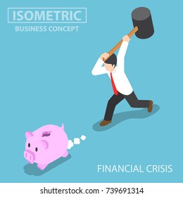 Flat 3d isometric businessman trying to break piggy bank. financial crisis concept.