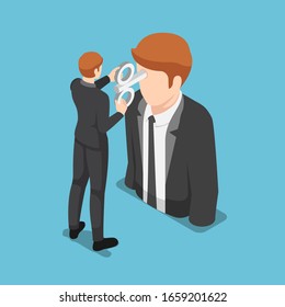 Un hombre de negocios isométrico y de 3D volteando una llave industrial en la cabeza de un hombre de negocios. Concepto de motivación empresarial.