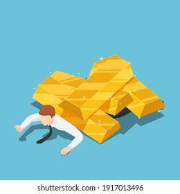 Flat 3d Isometric Businessman Under The Gold  Bar Pile. Gold Market Price Crisis And Investment Concept.