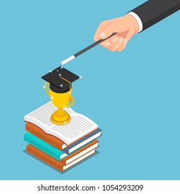 Flat 3d isometric businessman use magic to create trophy and graduate cap on the books. Business success and education concept.