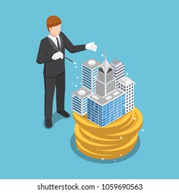 Flat 3d isometric businessman use magic to build the business building on money coins. Business success and real estate concept.