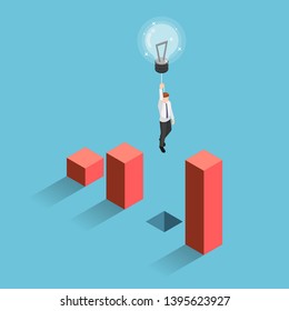 Flat 3d isometric businessman use lightbulb balloon to flying over chart gap. Business solution and creativity concept.