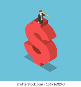 Flat 3d isometric businessman use telescope on the top of dollar sign. Business vision and financial visibility concept.