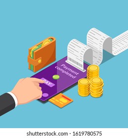 Flat 3d isometric businessman use smartphone to pay money online. Mobile payment and online shopping concept.