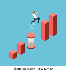 Flat 3d isometric businessman use a spring to cross gap between bar chart to higest point. Business solution and financial concept.