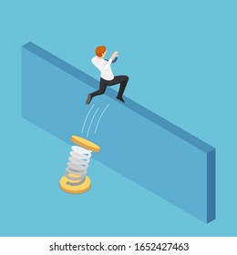 Flat 3d isometric businessman use spring to jumping over the wall. Business solution and overcome obstacle concept.