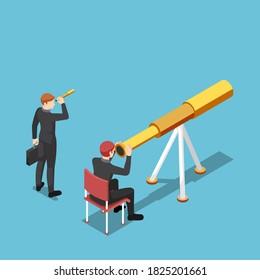 Flat 3d isometric businessman use bigger telescope than his rival. Business vision and competition concept.