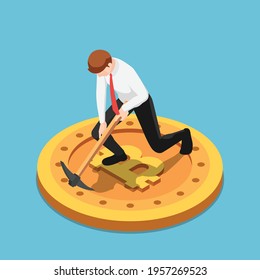 Flat 3d Isometric Businessman Use Pickaxe Digging on Bitcoin. Bitcoin Mining and Cryptocurrency Concept.