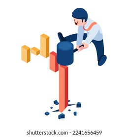 Flat 3d Isometrischer Geschäftsmann verwendet Hammer, um Finanzdiagramm zu zerschlagen. Börsenmanagement und Gewinnkonzept.
