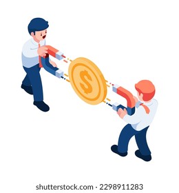 Flat 3d Isometric Businessman use Magnet to Attract Money. Business Competition and Making Money Concept.