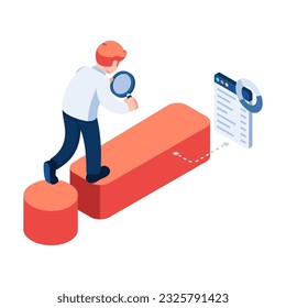 Flat 3d Isometric Businessman use Magnifying Glass Analyze Exclamation Mark. Problem Analysis Concept.