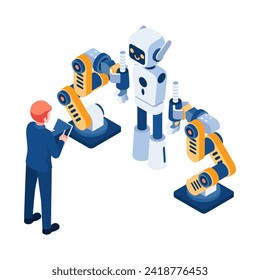 El Empresario Isometric Plano De 3d Utiliza El Robot De Brazo Robótico. Concepto de Inteligencia Artificial y Tecnología Robótica.