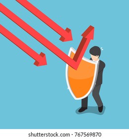 Flat 3d isometric businessman use shield to protect falling graph. Financial concept.