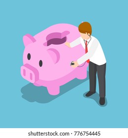 Flat 3d isometric businessman use stethoscope to check piggy bank health. Financial concept.