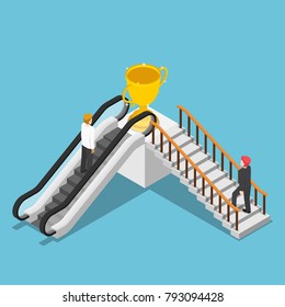 Flat 3d isometric businessman use different way to success by escalator and stair. Business solution and shortcut to success concept.