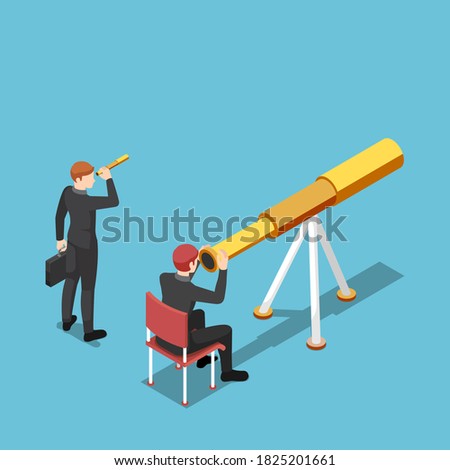 Flat 3d isometric businessman use bigger telescope than his rival. Business vision and competition concept.