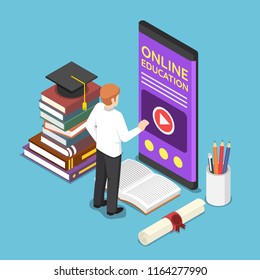 Flat 3d isometric businessman using e-learning or online education application on smartphone. Online education concept.