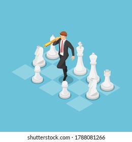 Flat 3d isometric businessman using telescope and standing on chess board. Business strategy and vision concept.