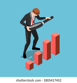 Flat 3d isometric businessman using magnifying glass to analyze graph finance. Data analysis and marketing concept.