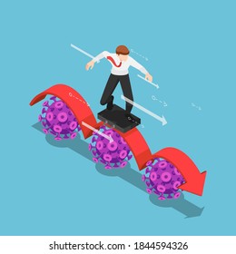 Empresario isométrico plano 3d con Business Bag como Surfboard Surfing sobre el virus Covid-19. Covid-19 Impactos en el concepto empresarial.