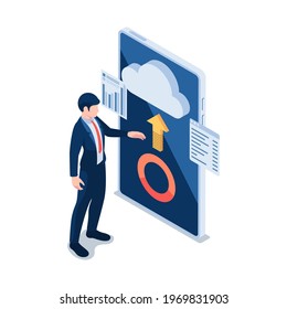Flat 3d Isometric Businessman Using Cloud Computing on Smartphone. Cloud Computing Technology Concept.