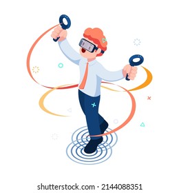 Flat 3d Isometric Businessman Using VR Headset and Enjoying Metaverse Virtual World. Metaverse and Virtual Reality Technology Concept.