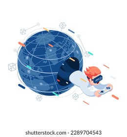 Empresario isométrico plano 3d con auriculares VR fuera de Metaverse World. Concepto de Tecnología Metaverse.